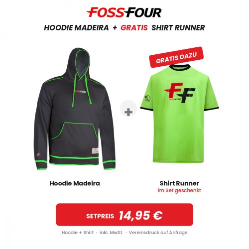 FOSSFOUR Set: Hoodie Madeira + GRATIS Shirt Runner – Schwarz/Neongrün