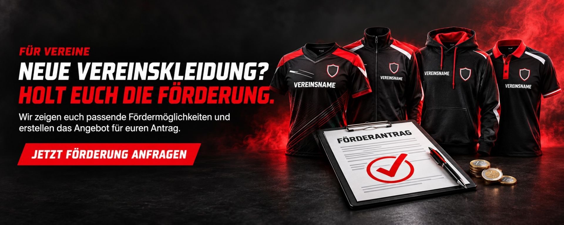 Neue Vereinskleidung? Holt euch die Förderung. Wir zeigen euch passende Fördermöglichkeiten und erstellen das Angebot für euren Antrag.