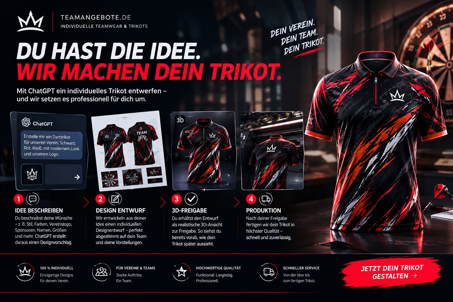Du hast die Idee, wir machen dein Trikot: Trikot mit ChatGPT entwerfen, Design-Entwurf, 3D-Freigabe und Produktion bei TeamAngebote.de